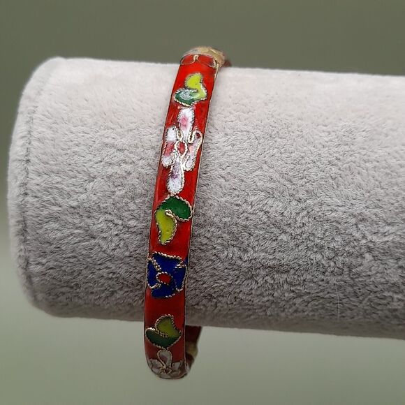 Vintage Asian Gold Trim Red Floral Cloisonné Hinged Bangle Bracelet, 7 1/4 Inch - Picture 8 of 10